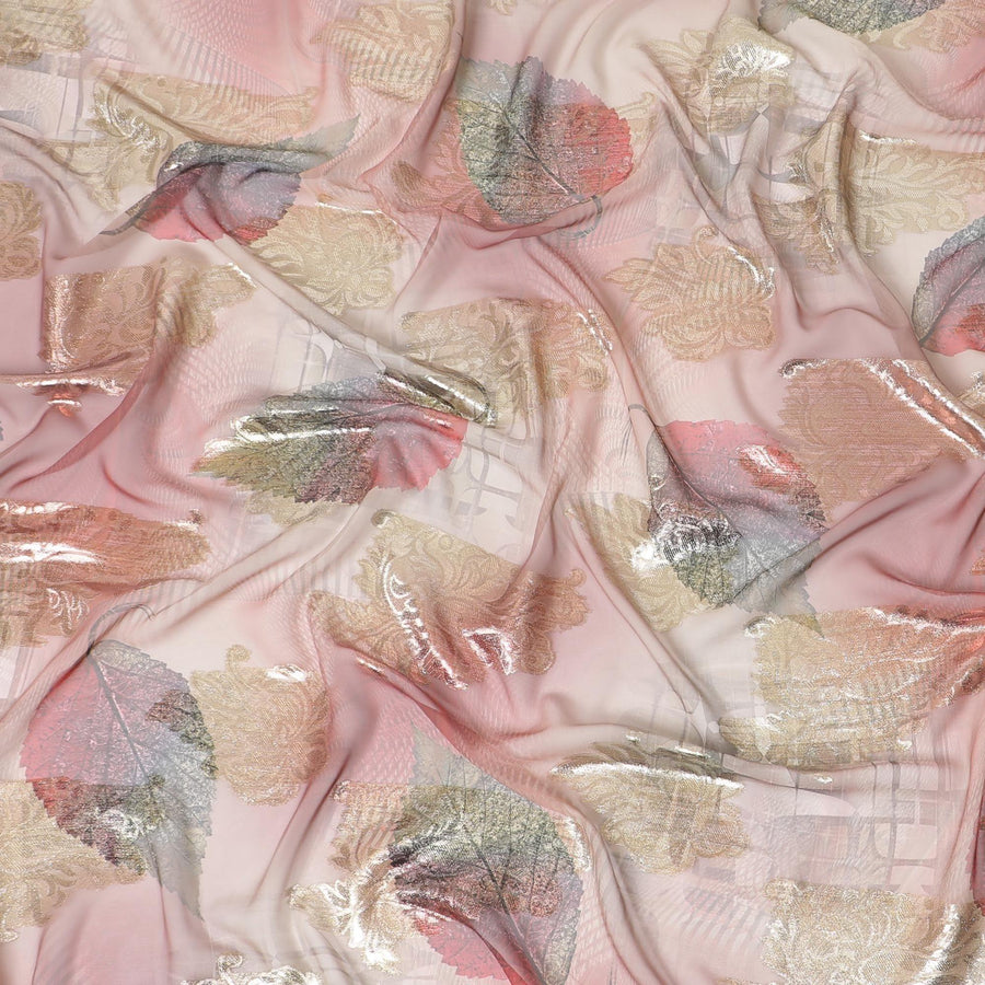 Sand brown synthetic chiffon fabric with same tone, copper and olive green print having gold metallic lurex in Leaf design-D7009 Regal Fabrics