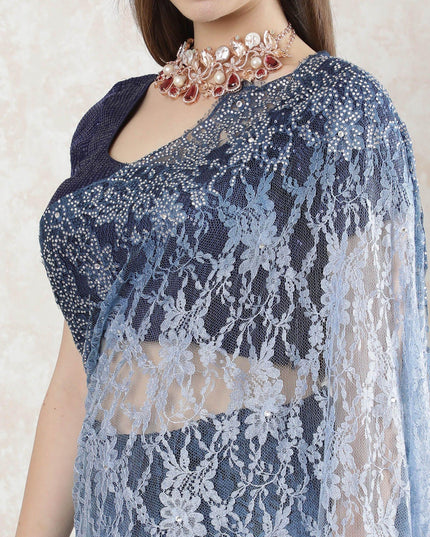 Blue, Baby blue Premium French chantilly shaded lace saree with stone work in floral design-D10177