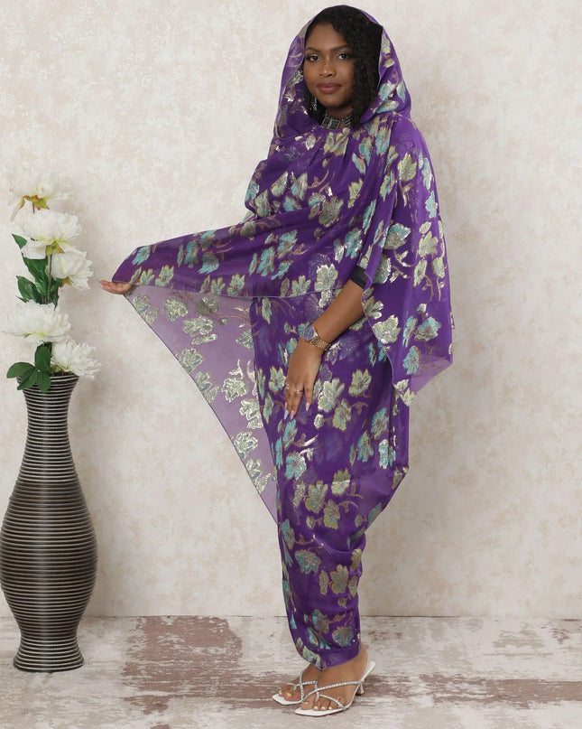 Purple Premium pure silk chiffon thobe with blue, sage green viscose having gold metallic lurex in floral design-D14354 Regal Fabrics