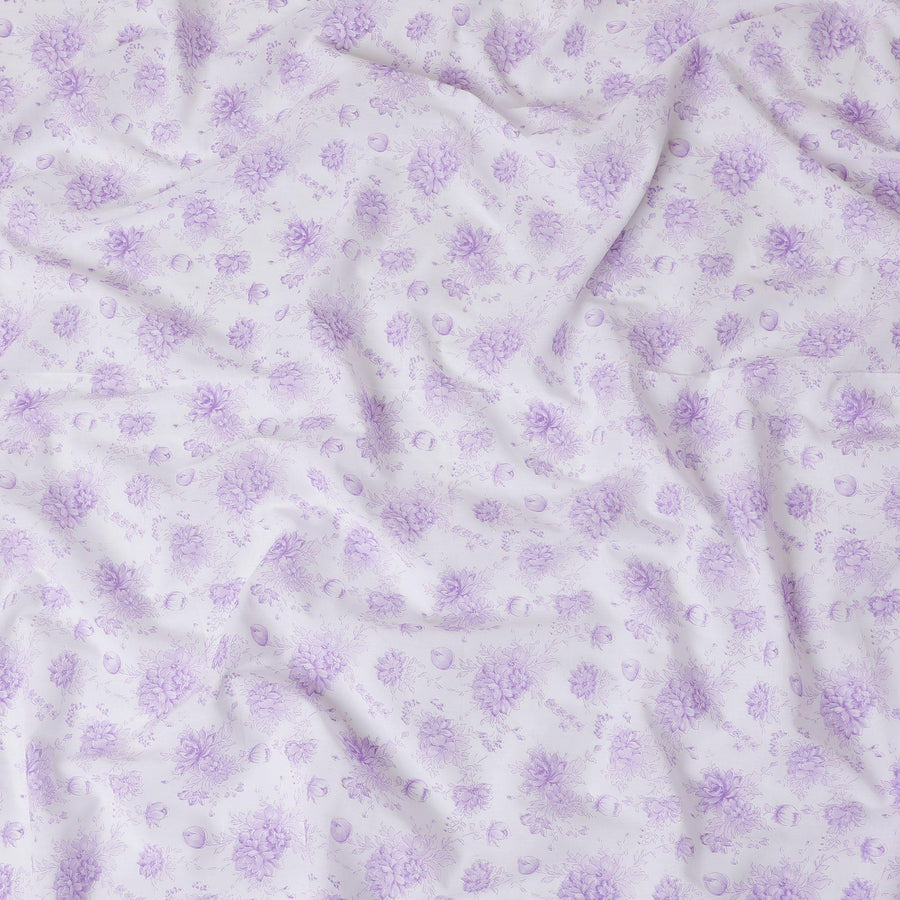 White cotton voile fabric with purple print in floral design-D15051