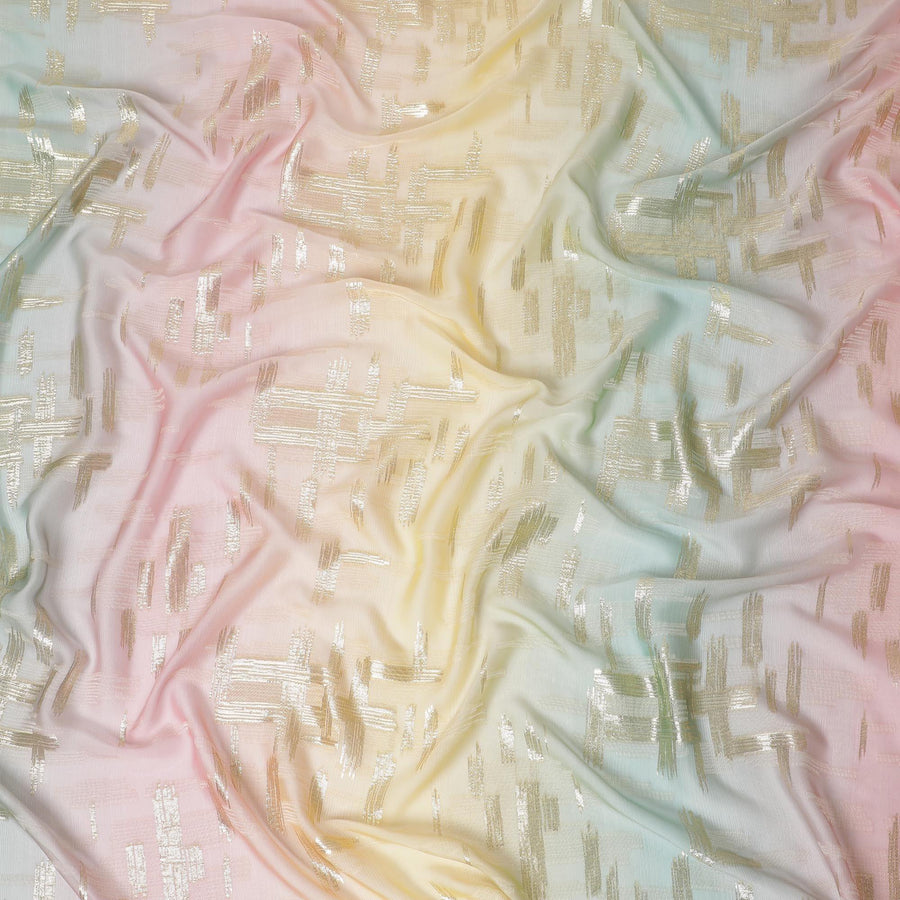 قماش شيفون حريري فرنسي (فرنساوي) فاخر متعدد الألوان مع نفس اللون من الفيسكوز والوركس المعدني الذهبي بتصميم تجريدي -D14268