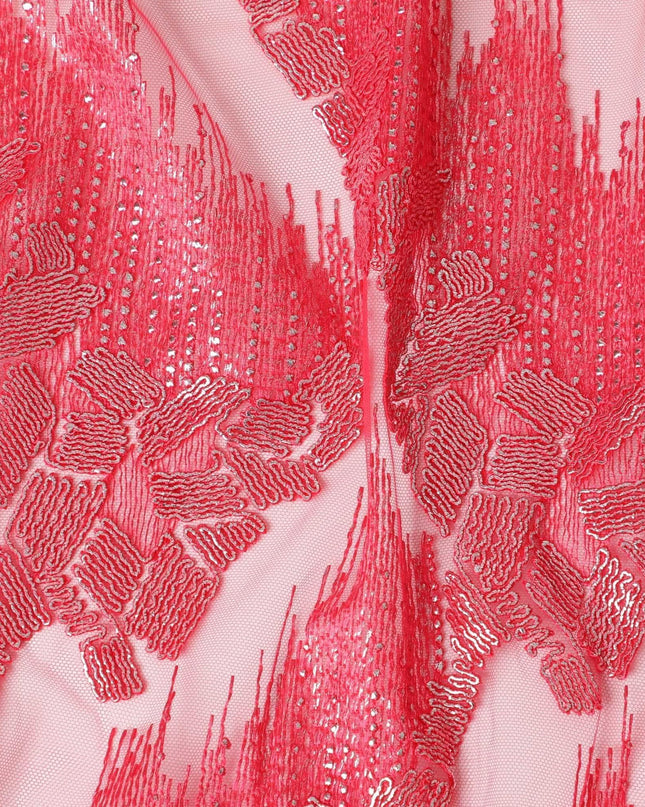 Crimson red nylon tulle fabric with same tone, silver embroidery in fancy design Regal Fabrics