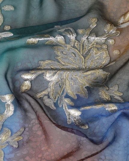 Multicolor premium pure handprinted silk chiffon fabric with gold metallic lurex in fancy design-D10408