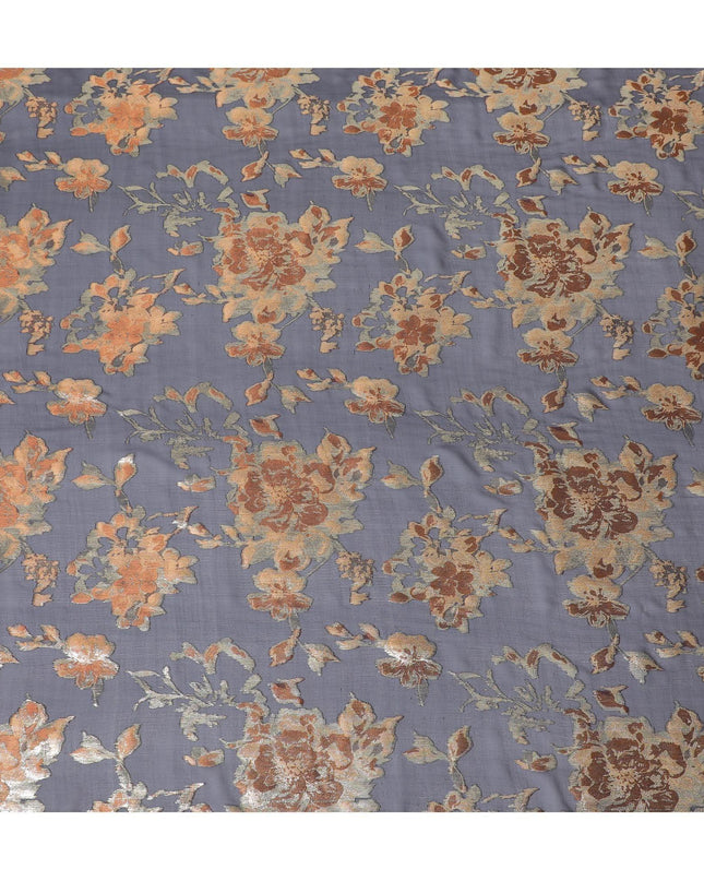 قماش شيفون من الحرير الخالص باللون الأزرق الداكن مع الفيسكوز النحاسي والوركس المعدني الذهبي بتصميم الأزهار-D12517