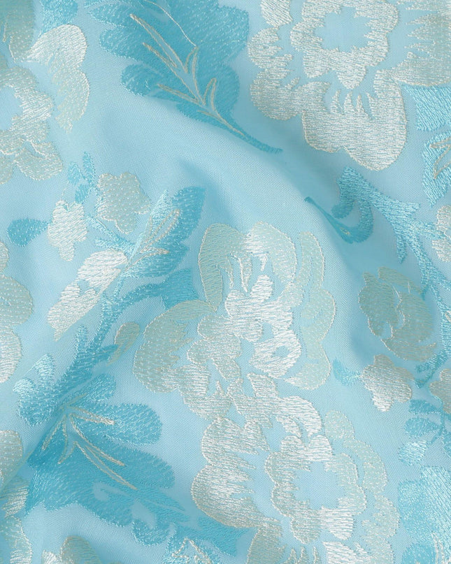 Baby blue premium pure cotton voile fabric with same tone and beige embroidery in floral design-D13638