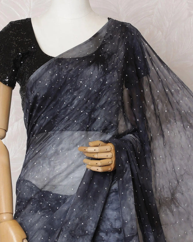 Slate grey, black Tie & die printed Premium pure French silk chiffon saree having stone work in Fancy design-D15506 Regal Fabrics