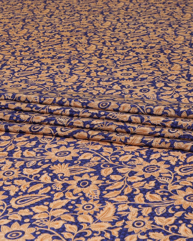 Royal blue silk crepe fabric with beige and light brown print in floral design-D8410 Regal Fabrics