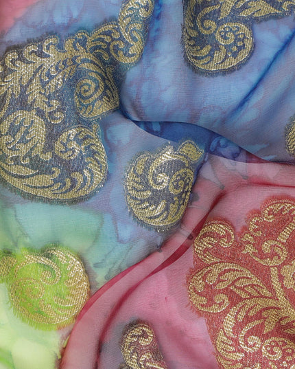 قماش شيفون حريري فرنسي (فرنساوي) فاخر متعدد الألوان مع لوركس معدني ذهبي بتصميم زهور-D14014