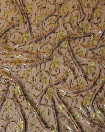 Olive Premium pure changent silk chiffon fabric with copper brown, sage green viscose and gold metallic lurex in floral design-D14642