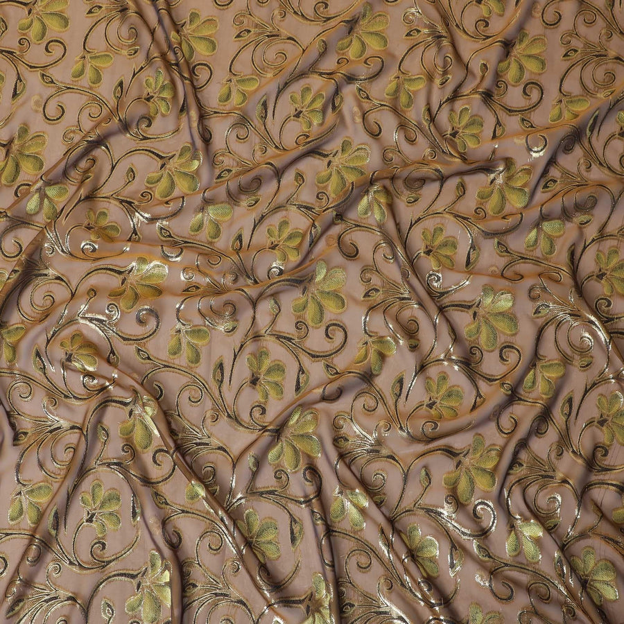 Olive Premium pure changent silk chiffon fabric with copper brown, sage green viscose and gold metallic lurex in floral design-D14642