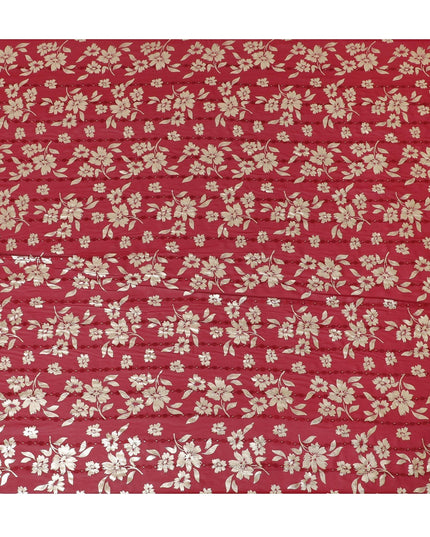 Barn red synthetic georgette fabric with same tone embroidery, gold sequins having gold foil print in floral design-D12230