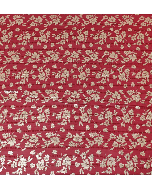 Barn red synthetic georgette fabric with same tone embroidery, gold sequins having gold foil print in floral design-D12230