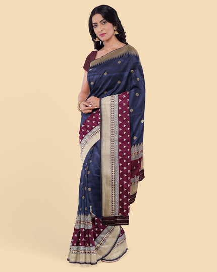 ساري حريري مقلد باللون الأزرق الداكن مع جاكار ذهبي بتصميم زهور-12778