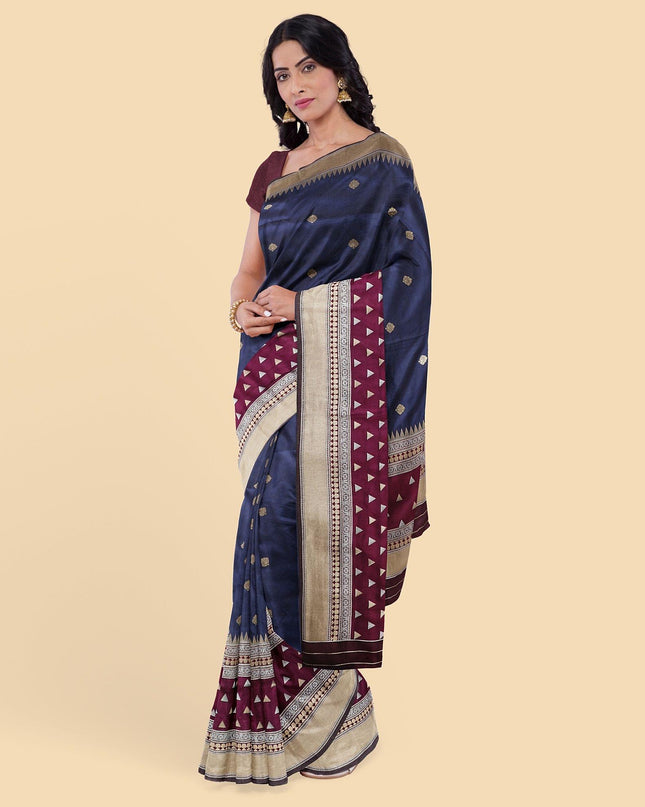 ساري حريري مقلد باللون الأزرق الداكن مع جاكار ذهبي بتصميم زهور-12778