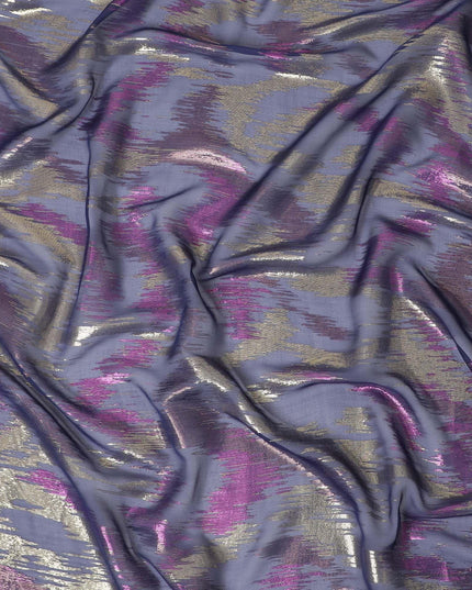 قماش شيفون من الحرير الخالص باللون الأزرق الداكن مع لوريكس معدني ذهبي ووردي بتصميم تجريدي -D12320