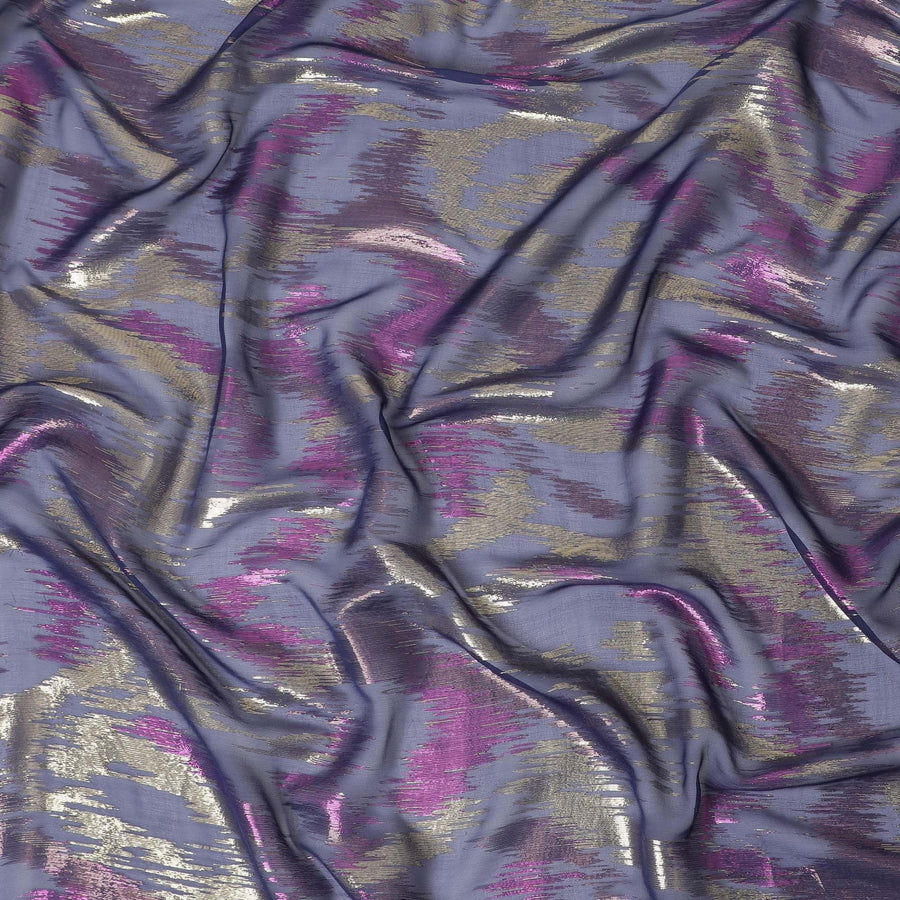 قماش شيفون من الحرير الخالص باللون الأزرق الداكن مع لوريكس معدني ذهبي ووردي بتصميم تجريدي -D12320