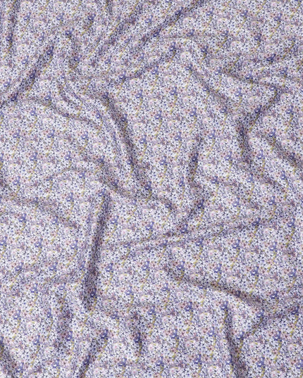 White cotton satin fabric with blue, baby pink and mustard yellow print in floral design-D11918 Regal Fabrics