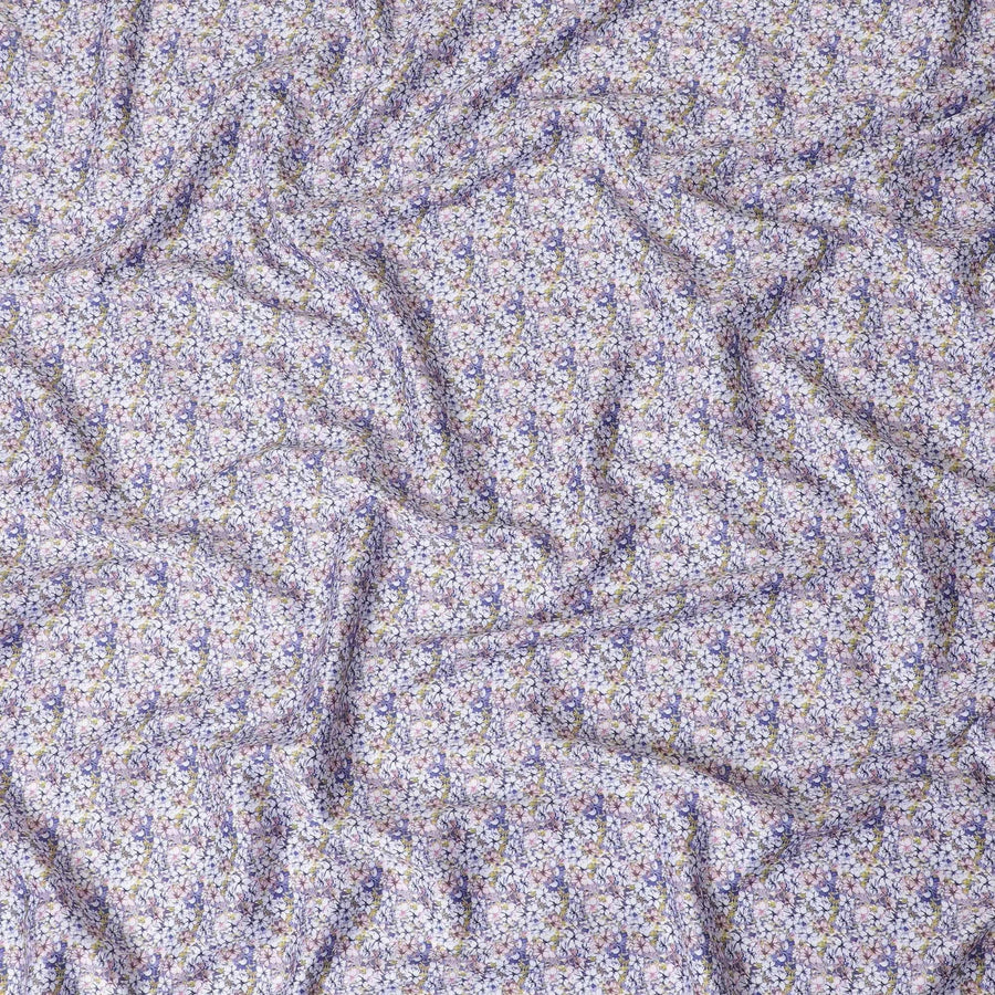 White cotton satin fabric with blue, baby pink and mustard yellow print in floral design-D11918 Regal Fabrics