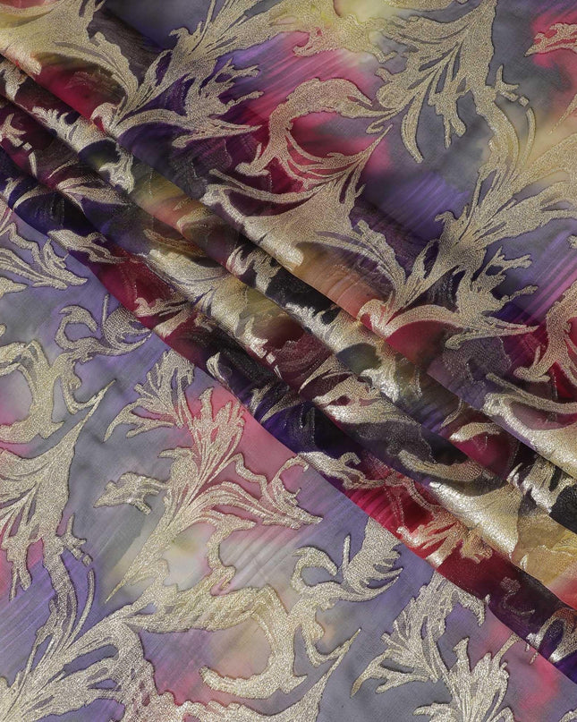 شيفون من الحرير الخالص متعدد الألوان مع لوريكس معدني ذهبي بتصميم أوراق الشجر -D11383
