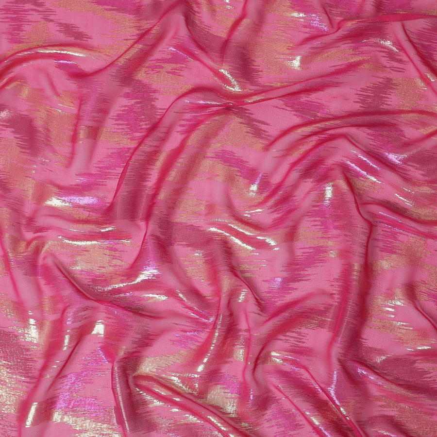 Magenta pink Premium pure silk chiffon fabric with gold and pink metallic lurex in abstract design-D12319