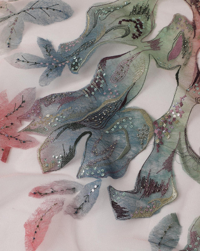 Light peach nylon tulle fabric with golden metallic thread, sequins and beads in abstract design