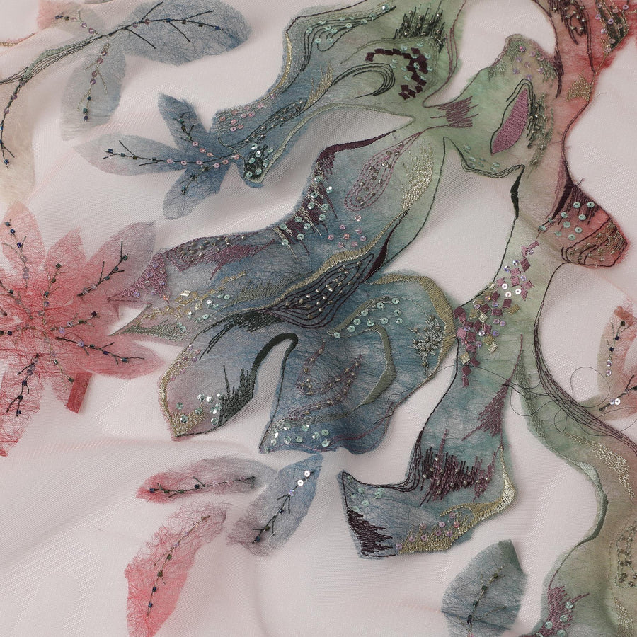 Light peach nylon tulle fabric with golden metallic thread, sequins and beads in abstract design