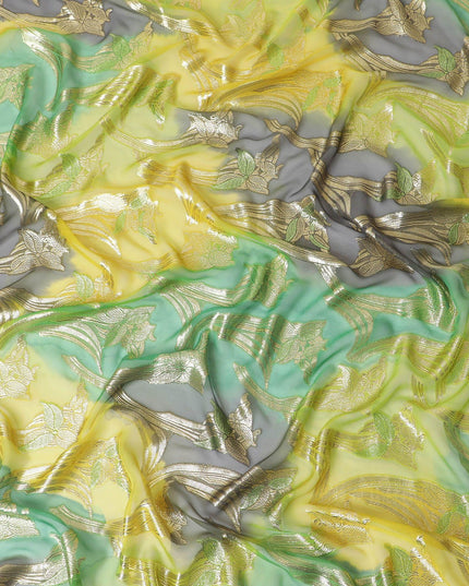 قماش شيفون حريري فرنسي (فرنساوي) فاخر متعدد الألوان مع لوركس معدني ذهبي بتصميم زهور-D14019