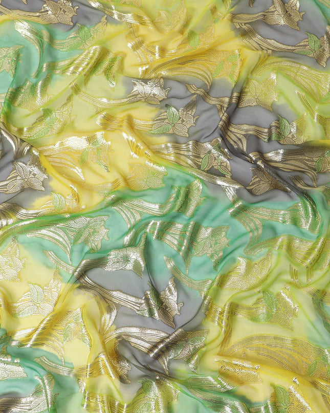 قماش شيفون حريري فرنسي (فرنساوي) فاخر متعدد الألوان مع لوركس معدني ذهبي بتصميم زهور-D14019