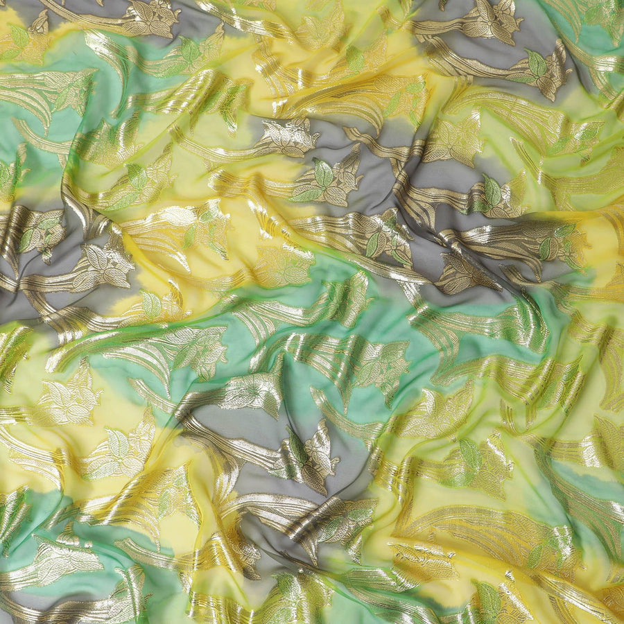قماش شيفون حريري فرنسي (فرنساوي) فاخر متعدد الألوان مع لوركس معدني ذهبي بتصميم زهور-D14019