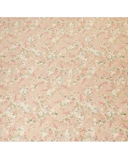 Sandy brown viscose modal satin fabric with ruby pink, olive green and beige print in floral design-D7429 Regal Fabrics