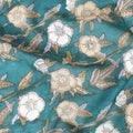 Sea green cotton lawn fabric with beige, black and off white print in floral design-D8439