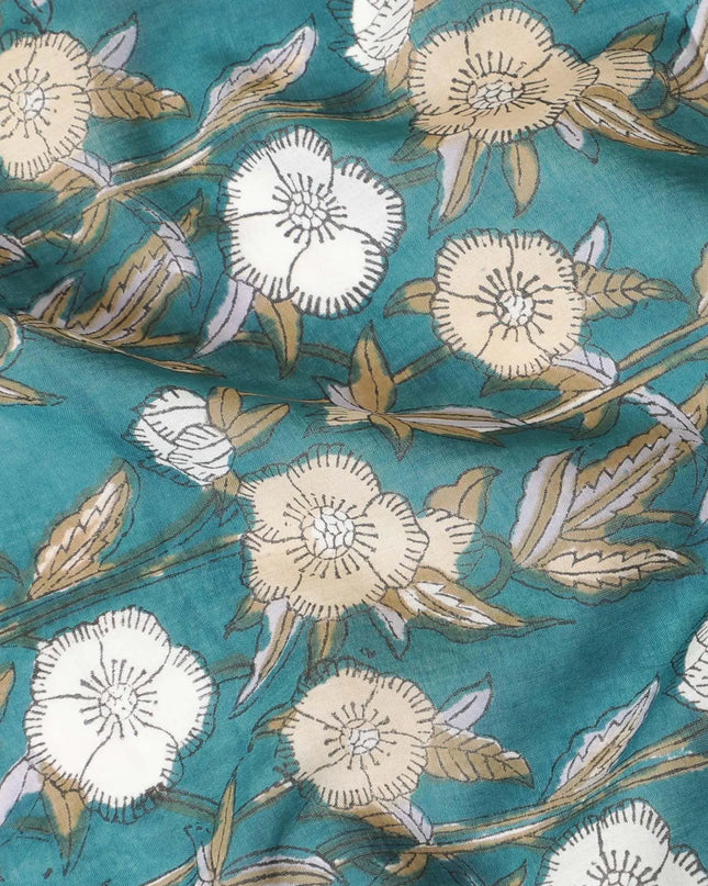 Sea green cotton lawn fabric with beige, black and off white print in floral design-D8439 Regal Fabrics