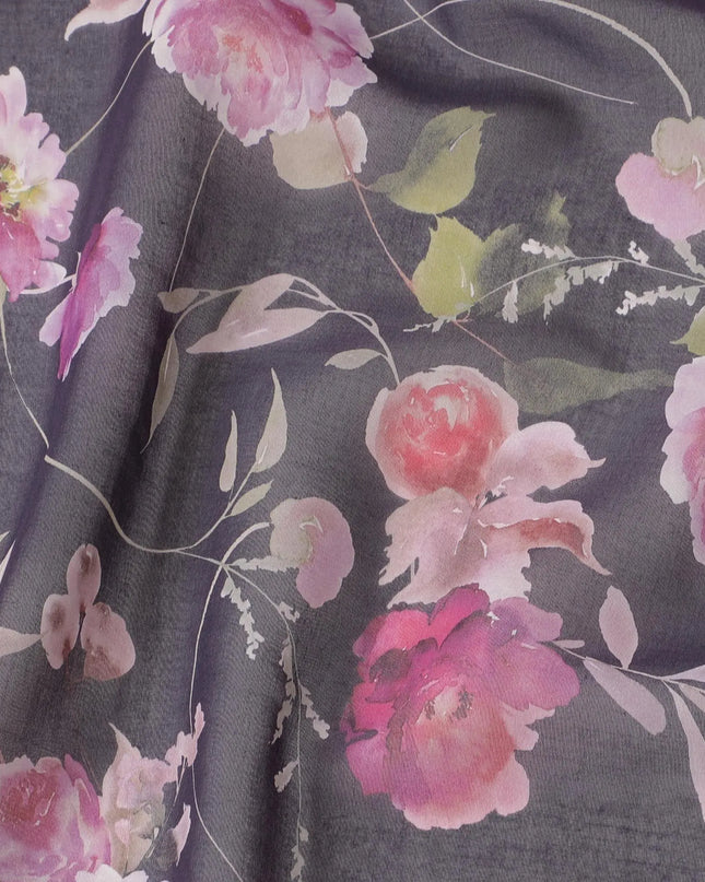 Purple cotton voile fabric with magenta pink, olive green and off white print in floral design-D6279 Regal Fabrics