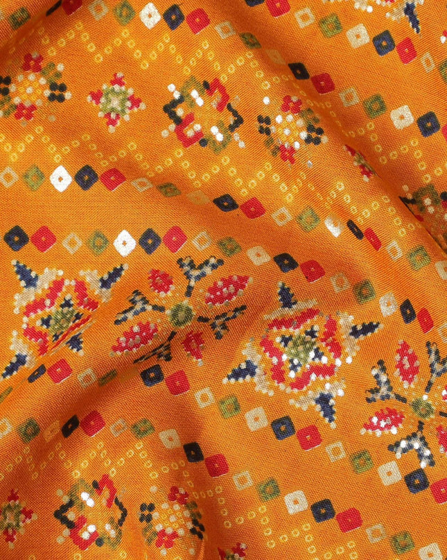 Mustard blended viscose fabric with multicolor print in fancy design-D14850 Regal Fabrics