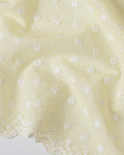 Light yellow premium pure cotton voile fabric with white embroidery in floral design-D13681