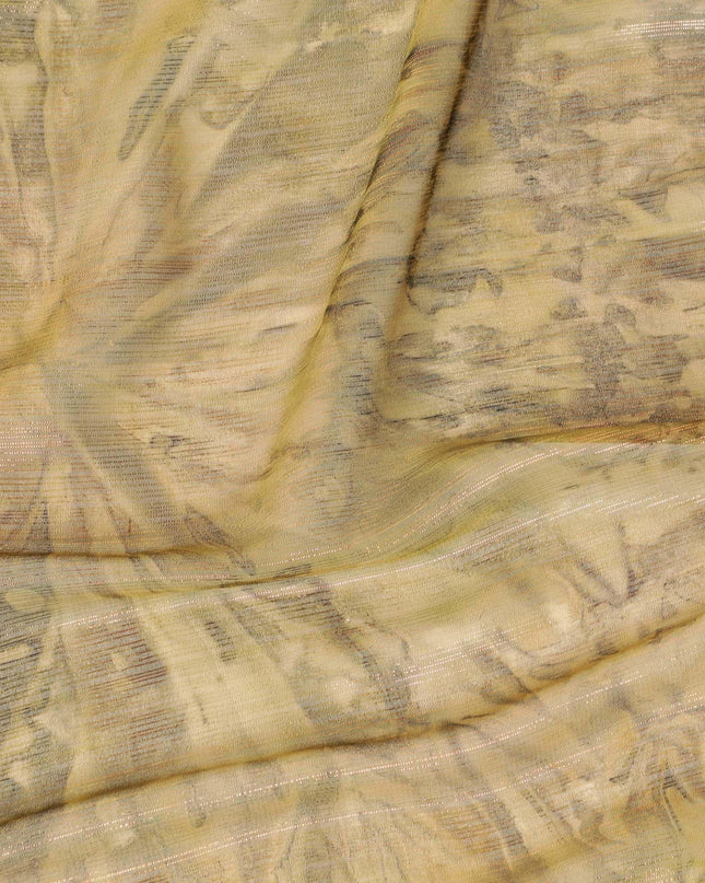 Olive green synthetic chiffon fabric with same tone, mocha brown print having pink metallic lurex in batik design-D9753 Regal Fabrics