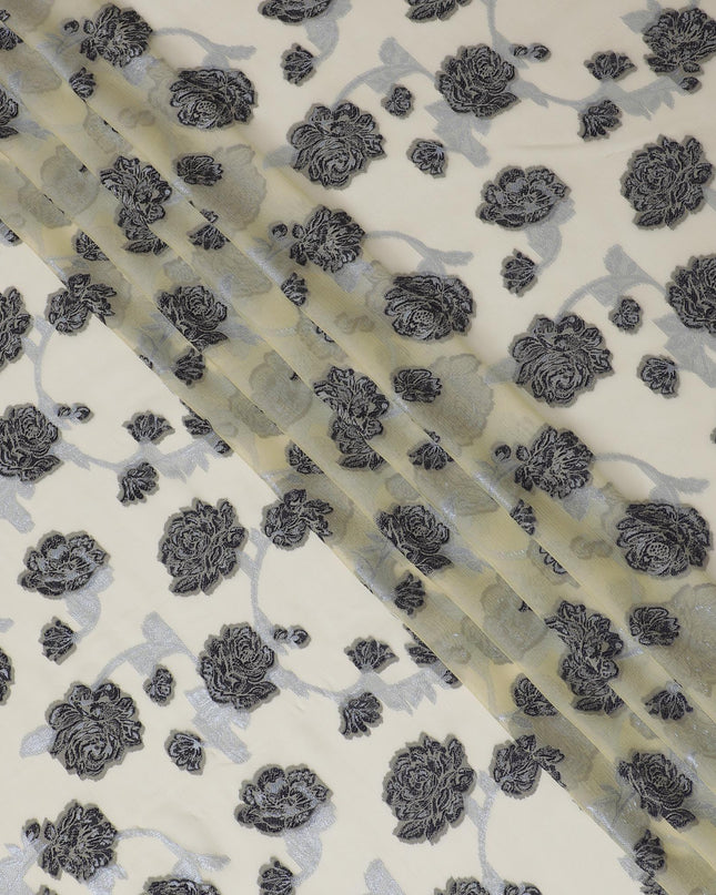 Light gold Premium pure French (Fransawi) silk chiffon fabric with black viscose having baby blue metallic lurex in floral design-D15629