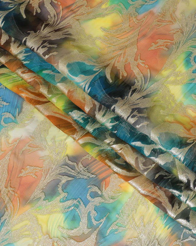 شيفون من الحرير الخالص متعدد الألوان مع لوريكس معدني ذهبي بتصميم أوراق الشجر -D11385