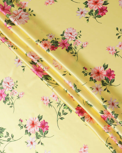 قماش ساتان حريري خالص فاخر من زهرة الشمس مع طباعة متعددة الألوان بتصميم زهور-D14289