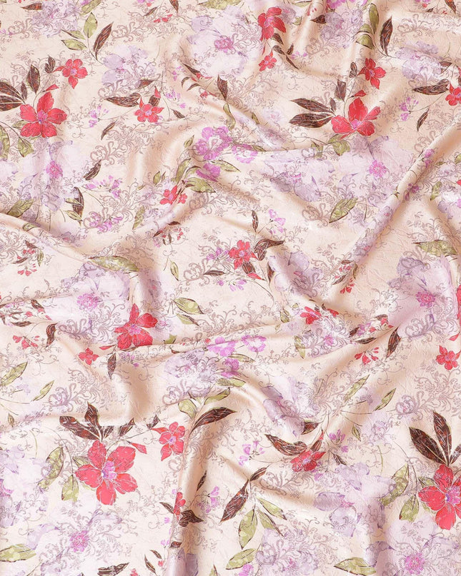 Light pink premium pure silk satin fabric with multicolor print having rose pink film metallic in floral design-D9418