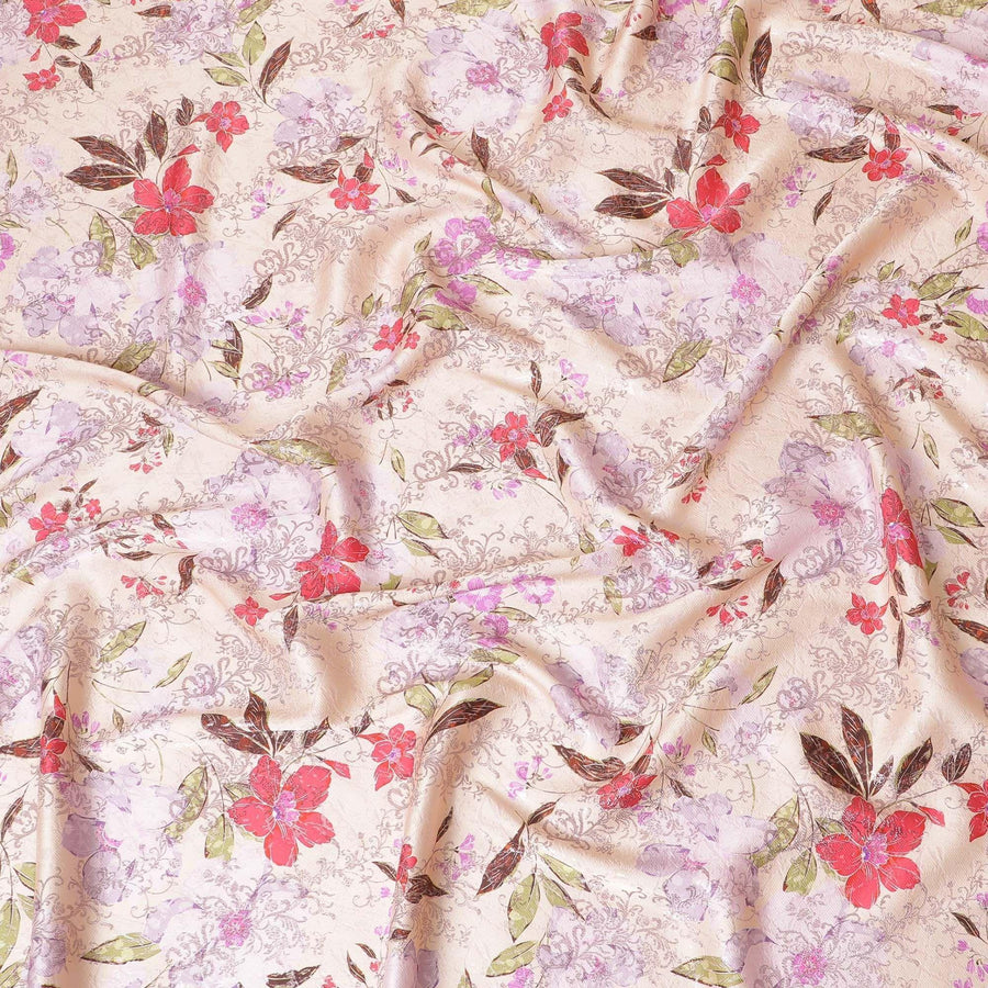 Light pink premium pure silk satin fabric with multicolor print having rose pink film metallic in floral design-D9418