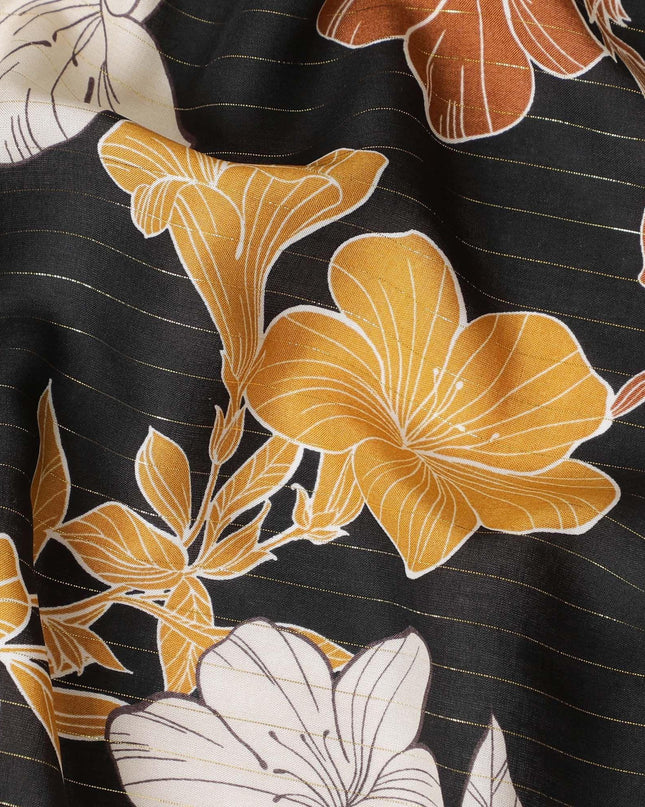 Black viscose crepe printed fabric with multi colour prints and metallic lurex in floral design-D11163