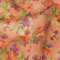 Blaze orange tussar silk fabric with lime green, dark orange, blonde yellow and purple print in floral design-D6137
