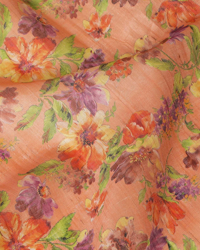 Blaze orange tussar silk fabric with lime green, dark orange, blonde yellow and purple print in floral design-D6137
