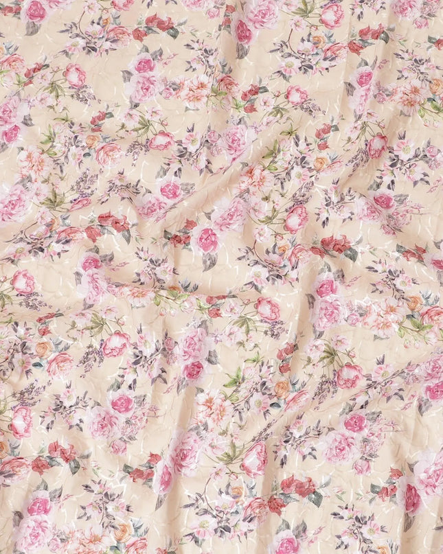 Moccasin yellow cotton lawn fabric with same tone embroidery having hot pink, off white, purple and olive green print in floral design-D7020 Regal Fabrics