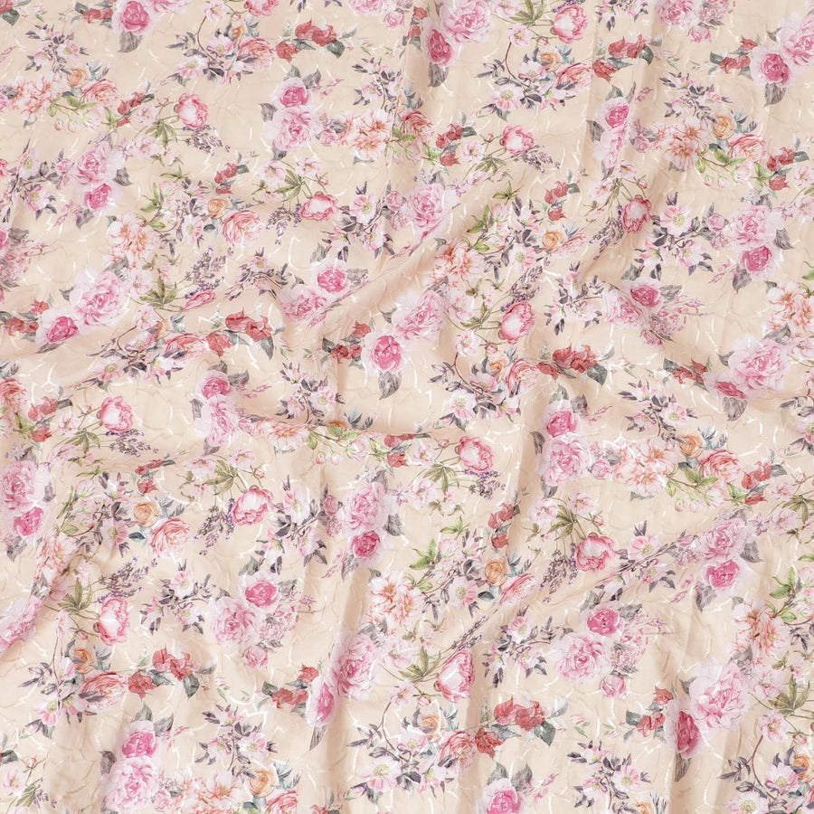 Moccasin yellow cotton lawn fabric with same tone embroidery having hot pink, off white, purple and olive green print in floral design-D7020