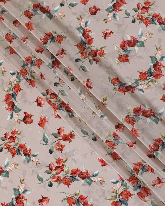 Pale brown synthetic crepe fabric with multicolor print in floral design-D14457 Regal Fabrics