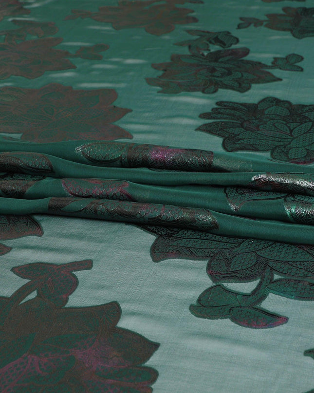 قماش شيفون من الحرير الخالص باللون الأخضر مع لوركس معدني متعدد الألوان بتصميم زهور -D8795