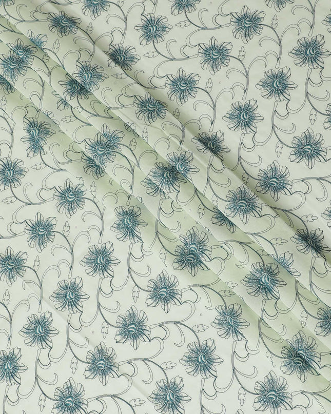 Light mint green Premium pure 100% Swiss cotton voile (Sudanese Thobe) fabric with teal blue embroidery having stone work in fancy design-D13798