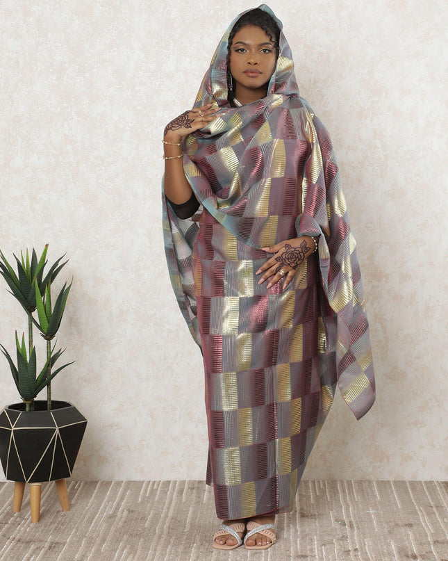 ثوب شيفون من الحرير الخالص باللون الرمادي السحابي مع لوريكس معدني ذهبي وزهري وردي في تصميم المربعات-D11659